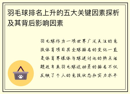 羽毛球排名上升的五大关键因素探析及其背后影响因素